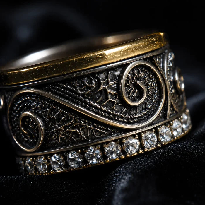 Filigree Pavé Ring close-up, hand-wired filigree scrollwork and pavé stone row