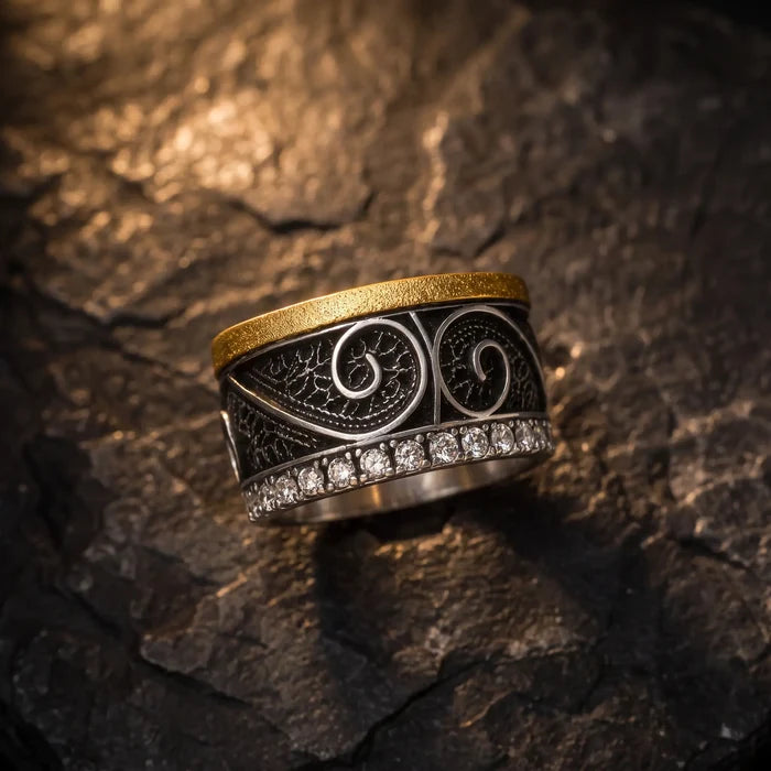 Filigree Pavé Ring angled view on stone, gold rim and moissanite pavé detail