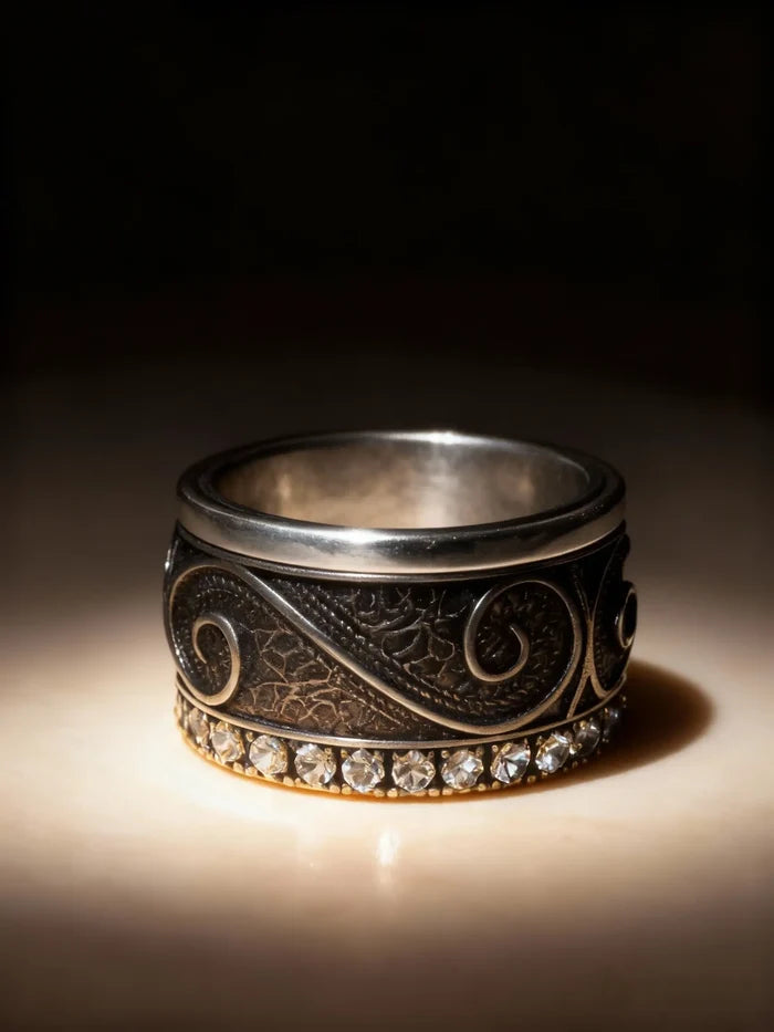 Filigree Pavé Ring front view, layered patina filigree with pavé accent row
