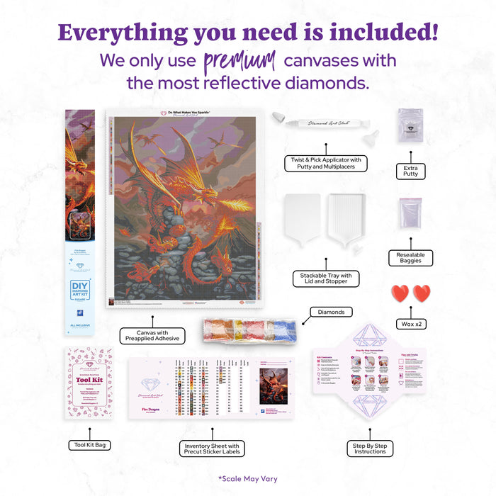 Diamond Painting Fire Dragon 27.6" x 35.4" (70cm x 90cm) / Square with 57 Colors including 5 ABs / 98,889