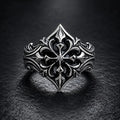 Gothic 925 sterling silver fleur-de-lis cross ring with moissanite — heraldic lozenge silhouette front view