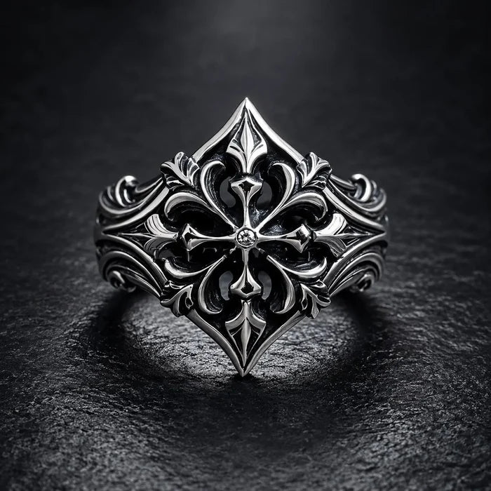 Gothic 925 sterling silver fleur-de-lis cross ring with moissanite — heraldic lozenge silhouette front view