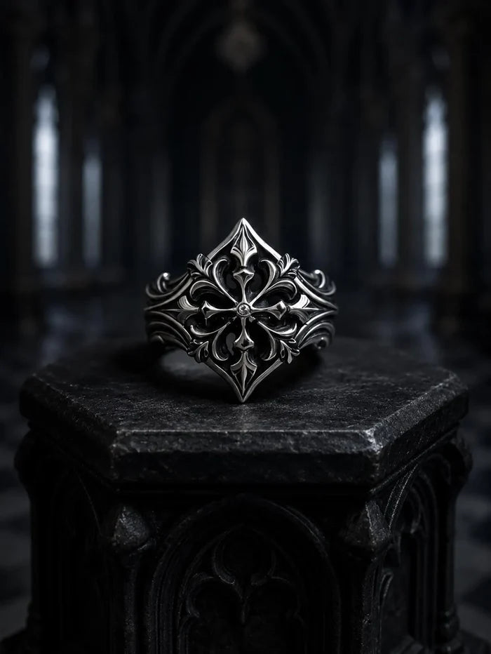 Gothic fleur-de-lis cross ring — sovereign cross and stylized heraldic scrolls in sterling silver