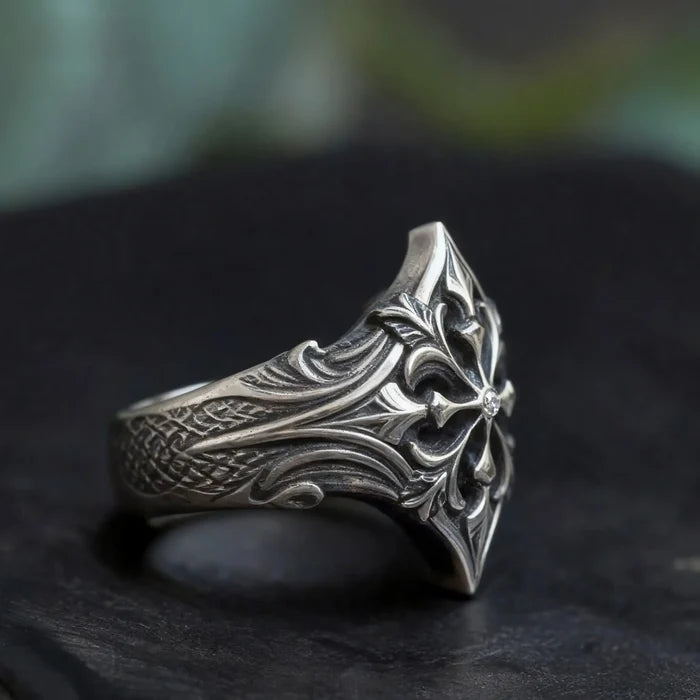 Gothic heraldic ring — architectural vault relief and chiaroscuro antiqued finish in 925 sterling silver