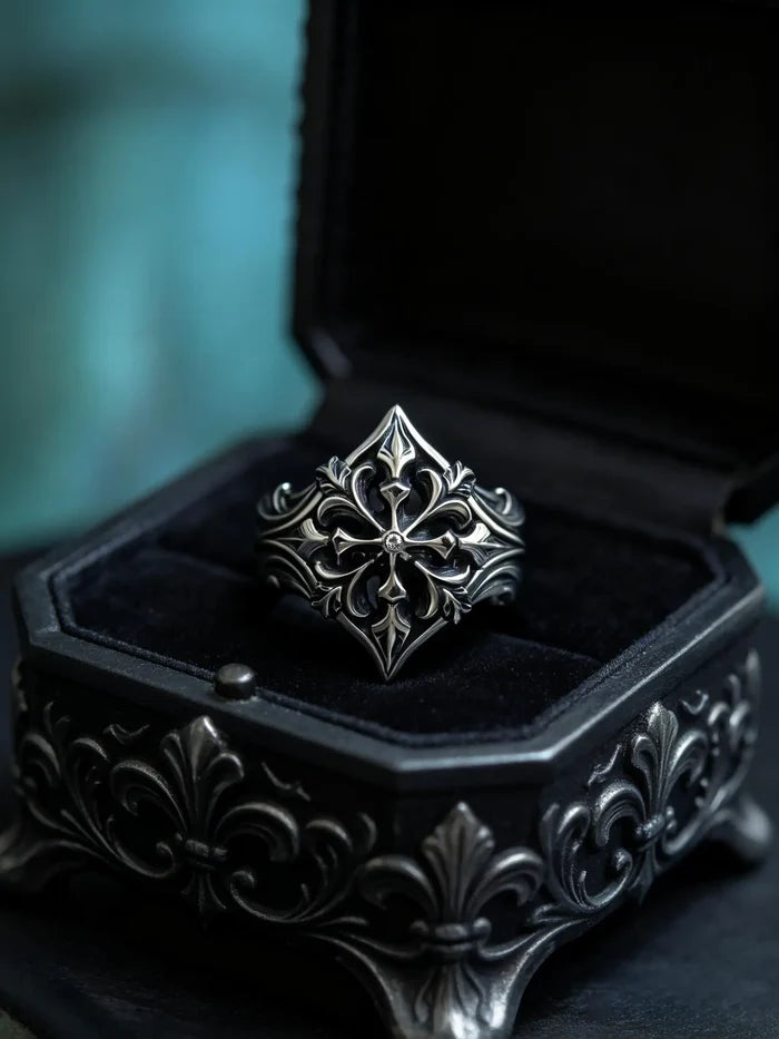 Fleur-de-lis cross ring top view — symmetrical lozenge silhouette with moissanite, custom engraving available
