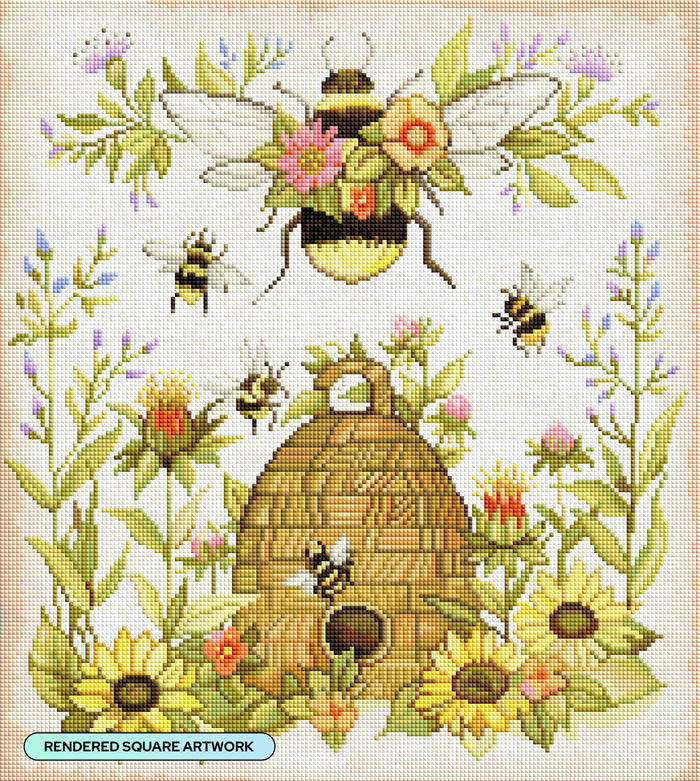 Diamond Painting Floral Bee with Hive 17" x 19" (42.8cm x 47.8cm) / Square with 55 Colors including 2 ABs and 3 Fairy Dust Diamonds / 33,024