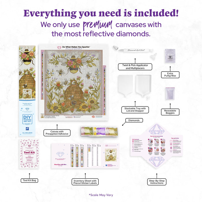 Diamond Painting Floral Bee with Hive 17" x 19" (42.8cm x 47.8cm) / Square with 55 Colors including 2 ABs and 3 Fairy Dust Diamonds / 33,024