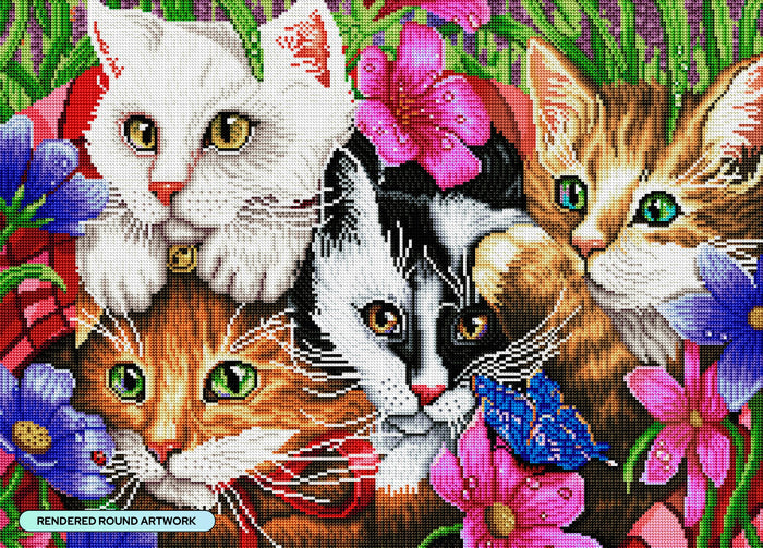 Diamond Painting Flowerbed Kittens 28" x 20" (70.6cm x 50.7cm) / Round with 63 Colors including 4 ABs / 45,612