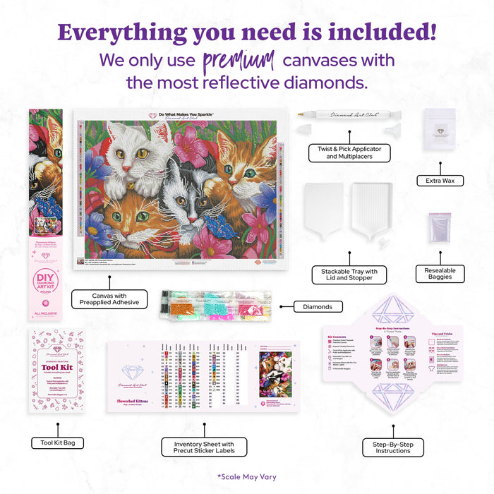 Diamond Painting Flowerbed Kittens 28" x 20" (70.6cm x 50.7cm) / Round with 63 Colors including 4 ABs / 45,612