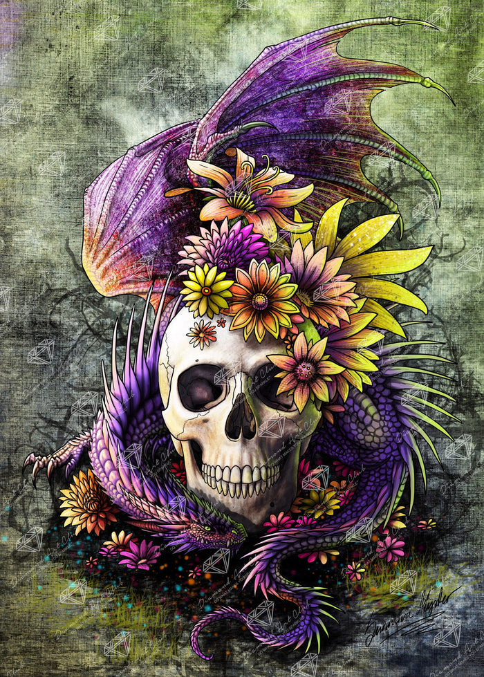 Diamond Painting Flowery Skull 25.6" x 35.8" (65cm x 91cm) / Square with 67 Colors including 5 ABs and 2 Fairy Dust Diamonds / 95,265