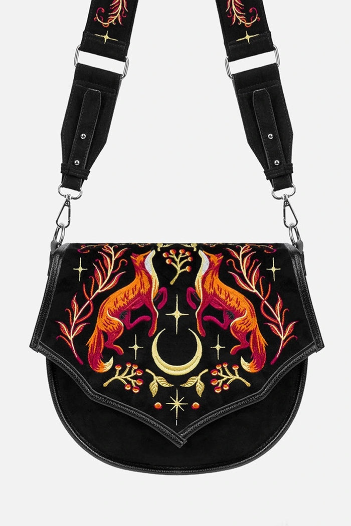embroidered crescent moon and fox purse