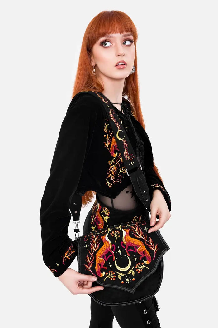 dark fairytale embroidered crescent moon and fox purse