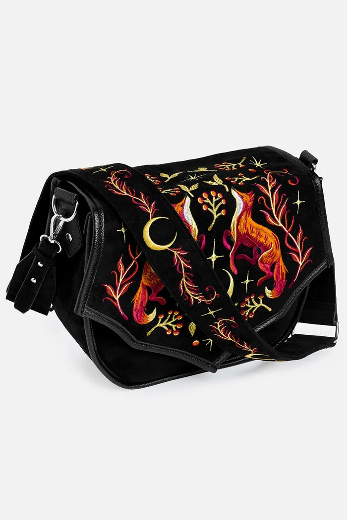 cottagecore embroidered crescent moon and fox purse with embroidered strap