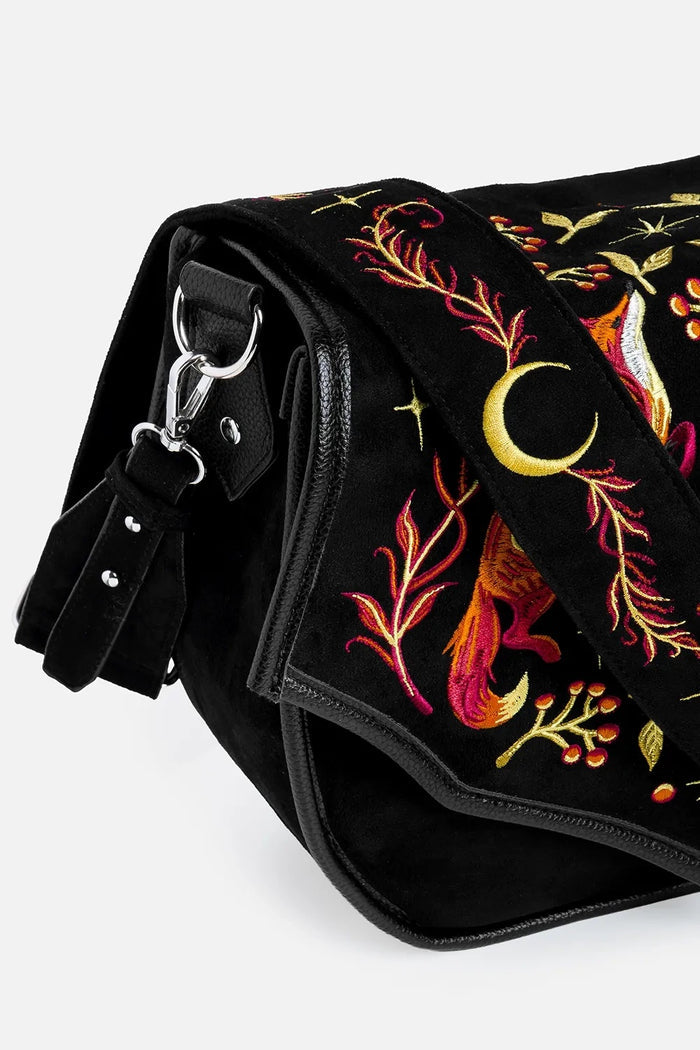 enchanting cottagecore embroidered crescent moon and fox purse with embroidered strap