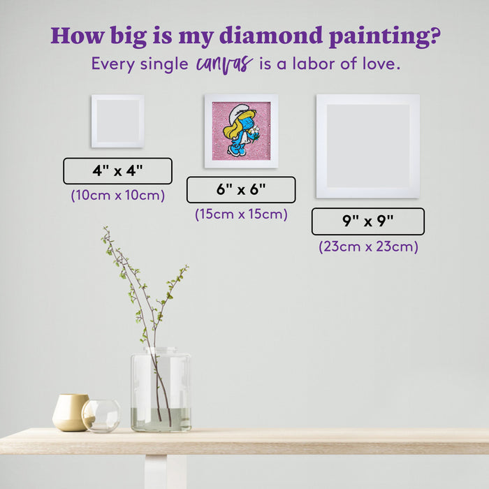 Diamond Painting Frameables™ - Smurfette 6" x 6" (15cm x 15cm) / Round with 8 Colors including 3 Iridescent Diamonds / 2,443