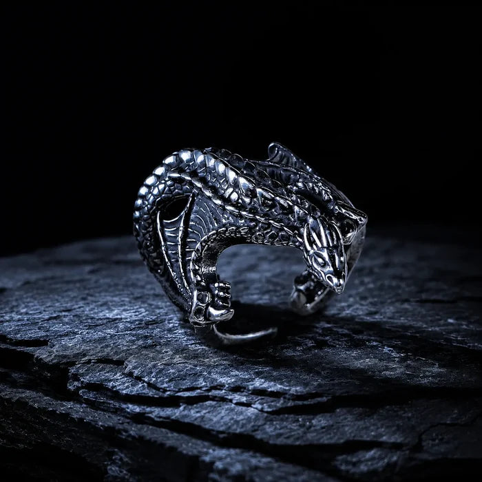 Frost Dragon Ring in oxidized sterling silver, open wrap-band design with dragon coiled around the finger