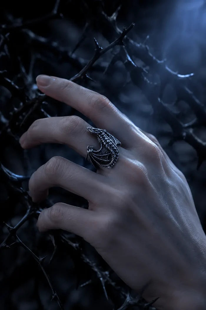 Frost Dragon Ring worn on hand, showing adjustable open S/M/L band