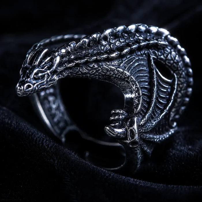 Frost Dragon Ring dragon head detail showing hand-carved snarling face