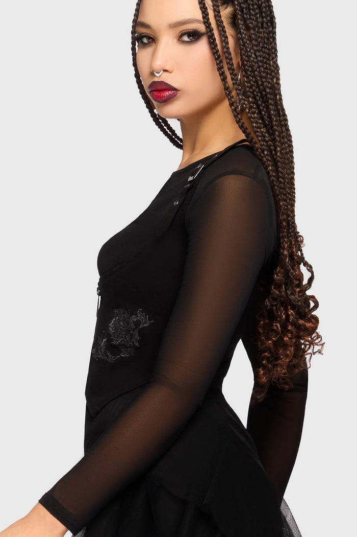 womens black gothic embroidered flower corset top