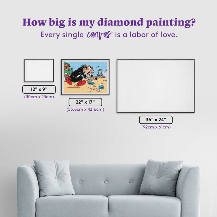 Diamond Painting Gargamel Chasing Smurfs™ 23" x 17" (55.8cm x 42.6cm) / Round with 20 Colors including 1 AB and 3 Fairy Dust Diamonds / 31,920