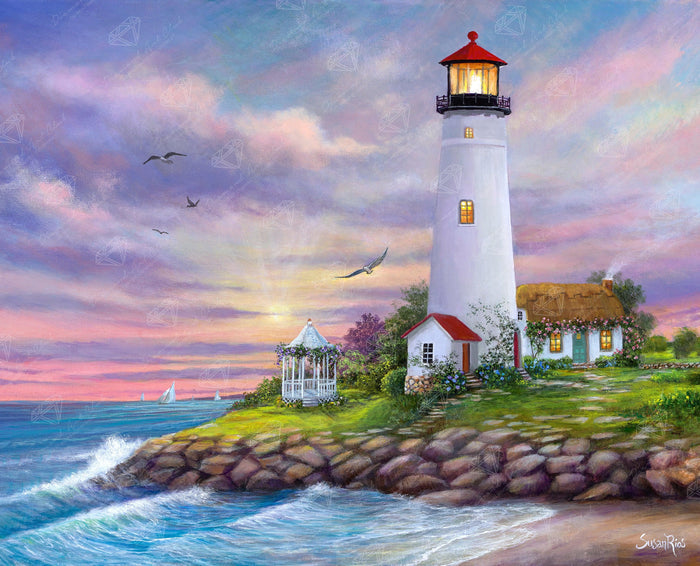 Diamond Painting Glorious Sunset Lighthouse 27" x 22" (69cm x 55.8cm) / Square With 64 Colors Including 5 ABs with 1 Fairy Dust Diamonds / 62,048
