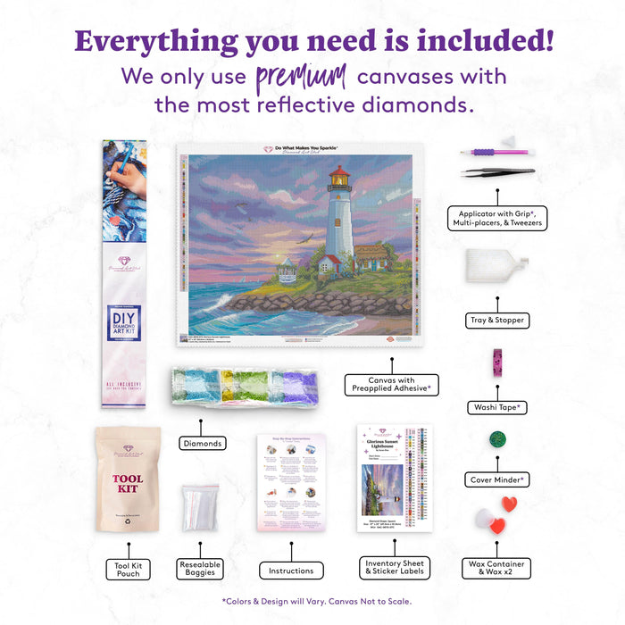 Diamond Painting Glorious Sunset Lighthouse 27" x 22" (69cm x 55.8cm) / Square With 64 Colors Including 5 ABs with 1 Fairy Dust Diamonds / 62,048