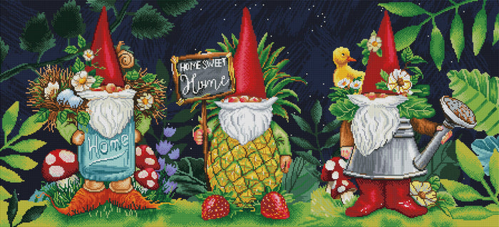 Diamond Painting Gnome Trio 44" x 20" (112cm x 51cm) / Square with 58 Colors including 4 ABs / 91,392