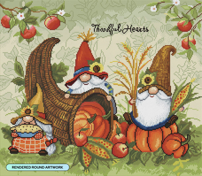 Diamond Painting Gnomes Cornucopia & Pumpkins 25" x 22" (64cm x 55.8cm) / Round With 51 Colors Including 2 ABs and 2 Fairy Dust Diamonds / 45,372