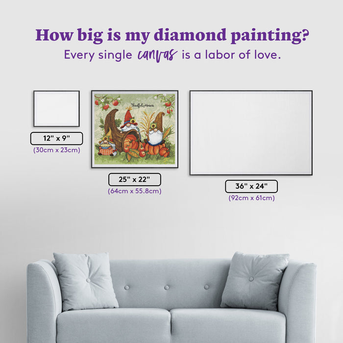 Diamond Painting Gnomes Cornucopia & Pumpkins 25" x 22" (64cm x 55.8cm) / Round With 51 Colors Including 2 ABs and 2 Fairy Dust Diamonds / 45,372