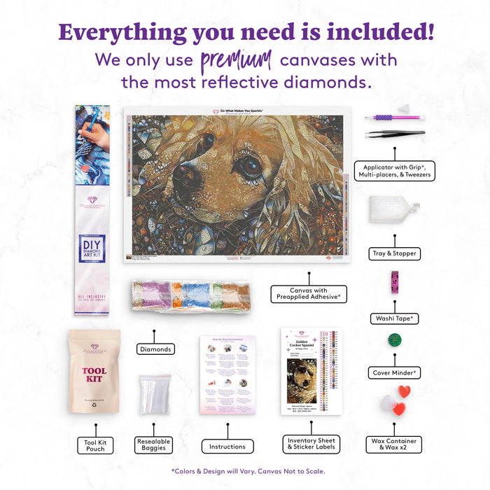Diamond Painting Golden Cocker Spaniel 38.6" x 25.6" (98cm x 65cm) / Square with 57 Colors including 3 ABs including 1 Fairy Dust Diamonds / 102,573