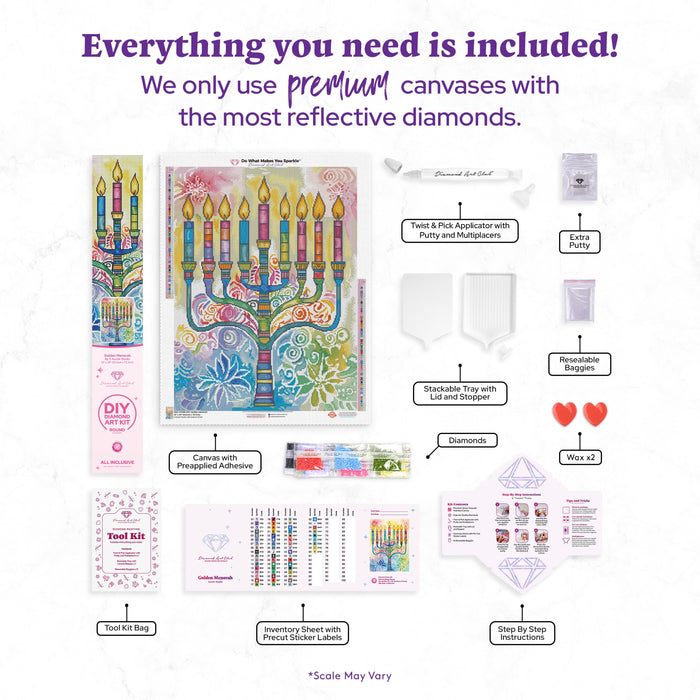 Diamond Painting Golden Menorah 22" x 29" (55.6cm x 73.7cm) / Round with 60 Colors including 3 ABs and 4 Fairy Dust Diamonds / 54,136