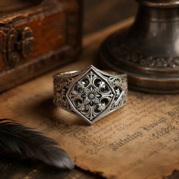 Gothic Baroque Rosette Ring – 925 sterling silver floral cross relief ring, front view