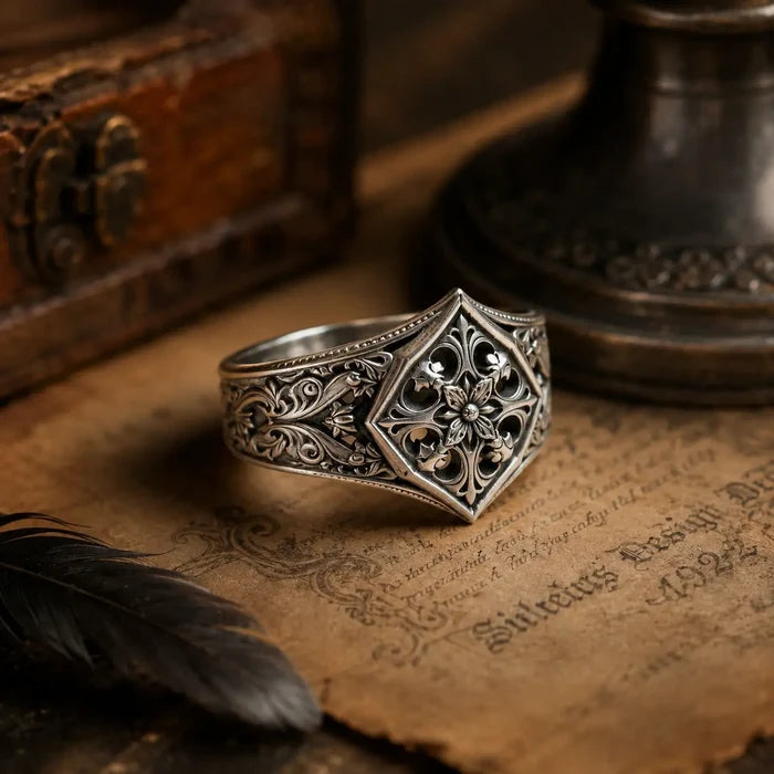 Gothic Baroque Rosette Ring – side profile showing wide band and tapered under-band