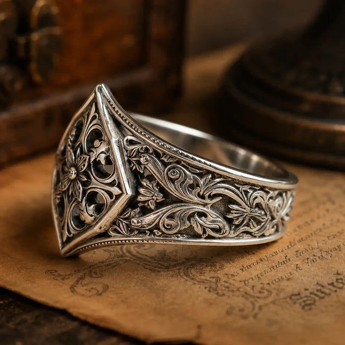 Gothic Baroque Rosette Ring – close-up of hand-oxidized acanthus scroll and floral cross detail