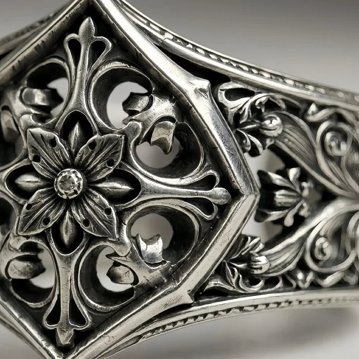 Gothic Baroque Rosette Ring – angled view of baroque relief and chiaroscuro patina