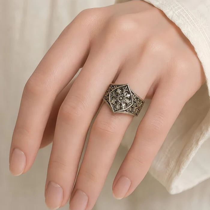 Gothic Baroque Rosette Ring – gothic sterling silver statement ring on hand