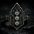 Gothic-style ring with three diamonds, moissanite, Victorian, oxidized silver