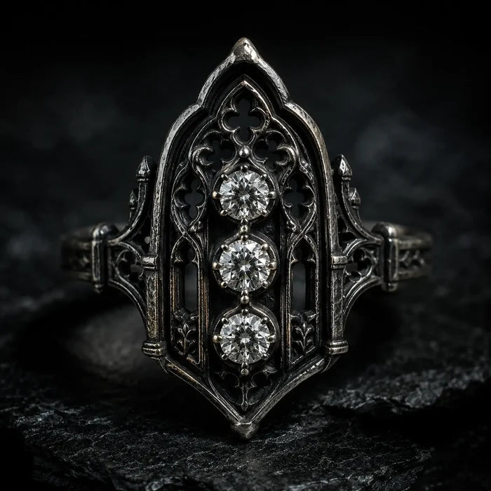 Gothic-style ring with three diamonds, moissanite, Victorian, oxidized silver