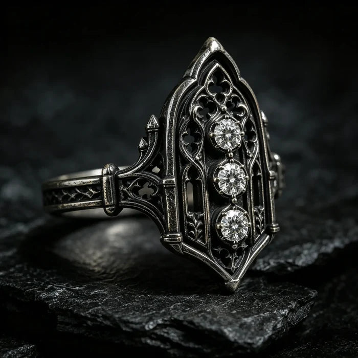 Decorative ring with three diamonds, moissanite, Victorian, oxidized silver