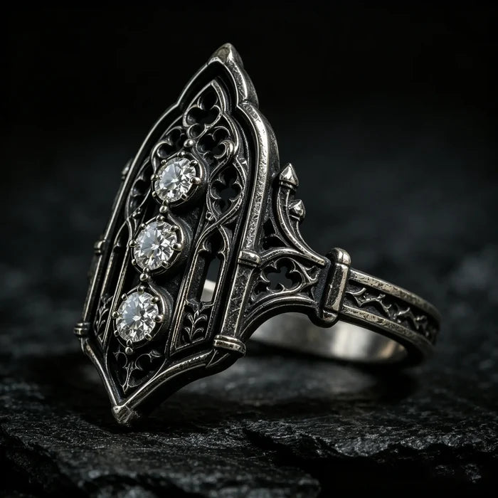 Decorative silver ring with three gemstones, moissanite, Victorian, oxidized silver