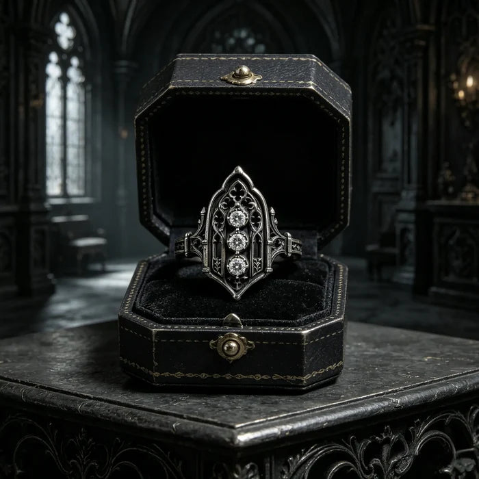Decorative ring in a black jewelry box, moissanite, Victorian, oxidized silver