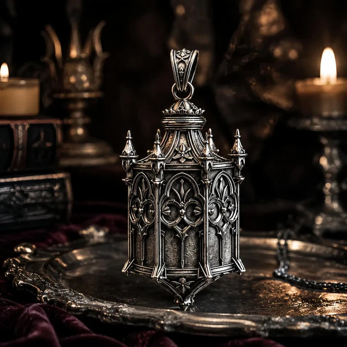 Gothic Cathedral Lantern sterling silver pendant styled with candles and antique books, dark academia