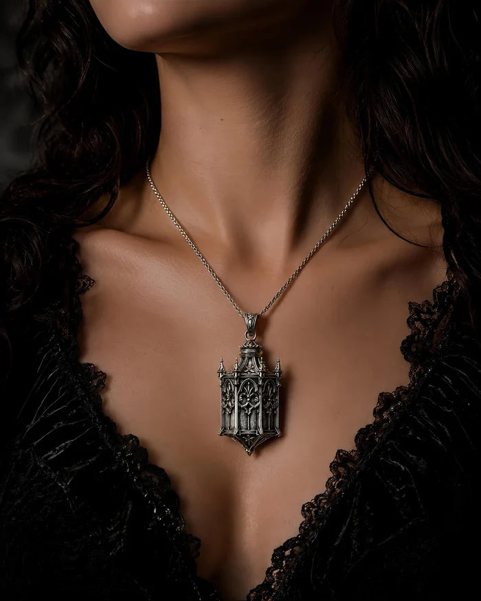 Model wearing the Gothic Cathedral Lantern sterling silver pendant necklace with black lace