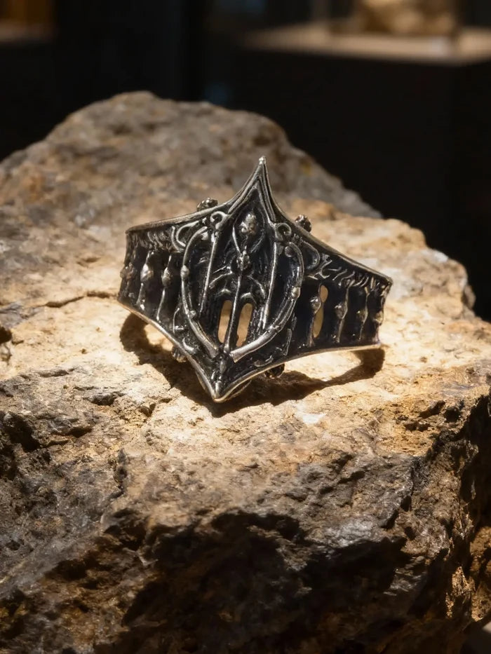 Gothic 925 sterling silver cathedral ring — hand-carved architectural tracery and pointed apex front view