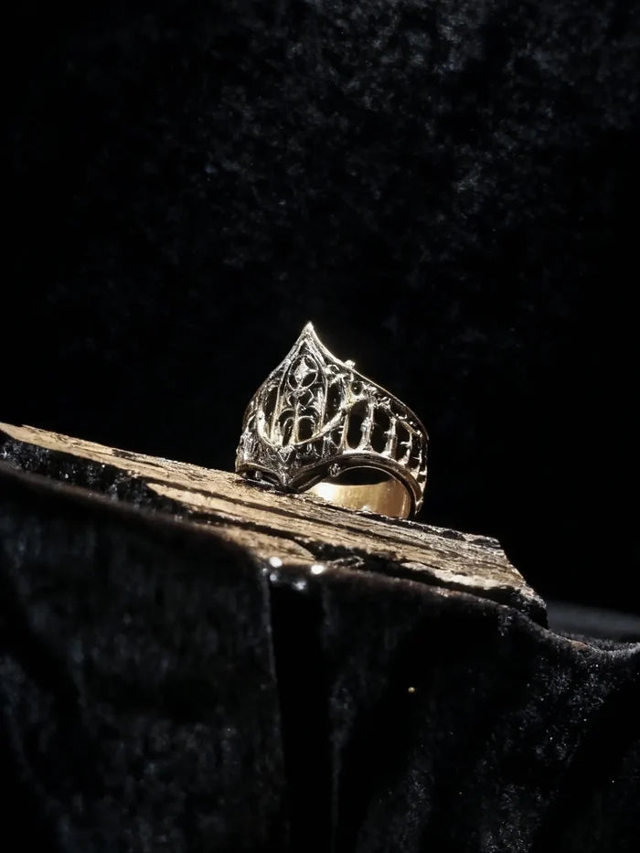 Gothic cathedral ring close-up — soaring ogival arches and intricate window filigree in sterling silver
