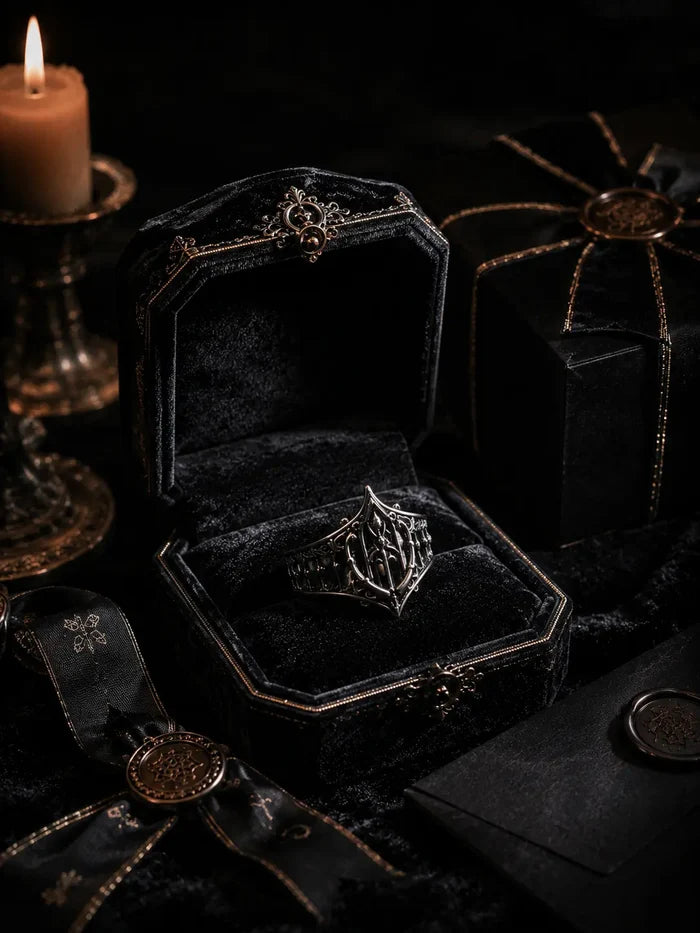 Hand wearing gothic cathedral ring — Dark Academia alternative bridal statement piece in oxidized solid silver