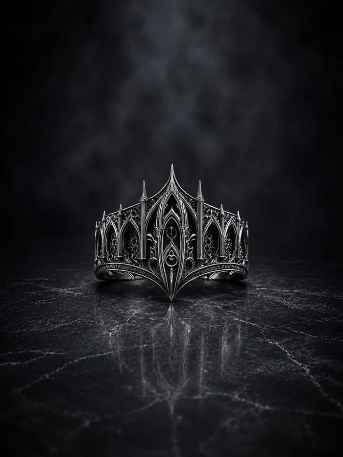 Gothic 925 sterling silver cathedral spire crown ring — architectural crown with lancet arches front view