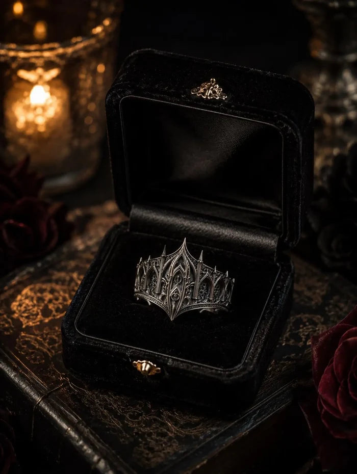 Gothic crown ring — chiaroscuro hand-oxidized patina with hand-burnished silver ridges
