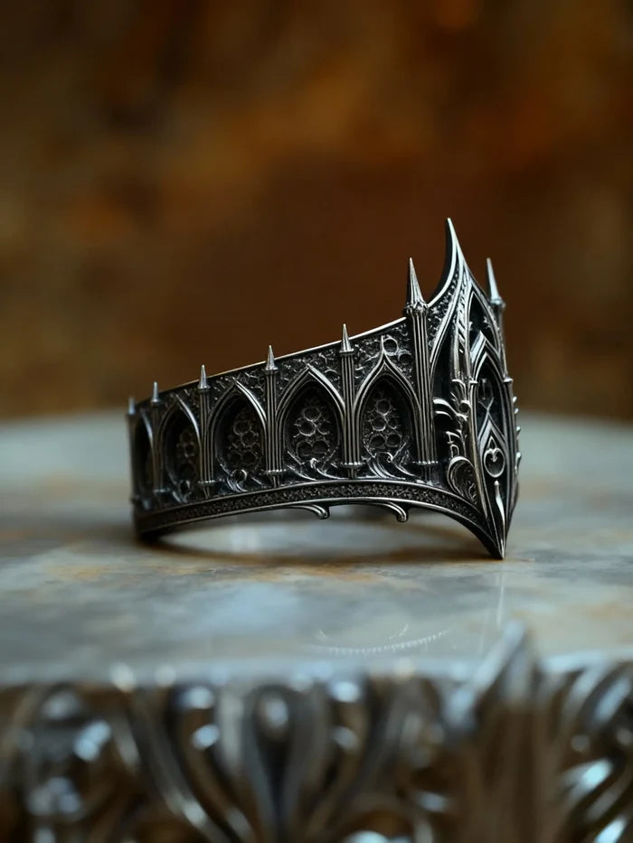 Gothic spire crown ring side profile — low-profile ergonomic inner band, handcrafted sterling silver