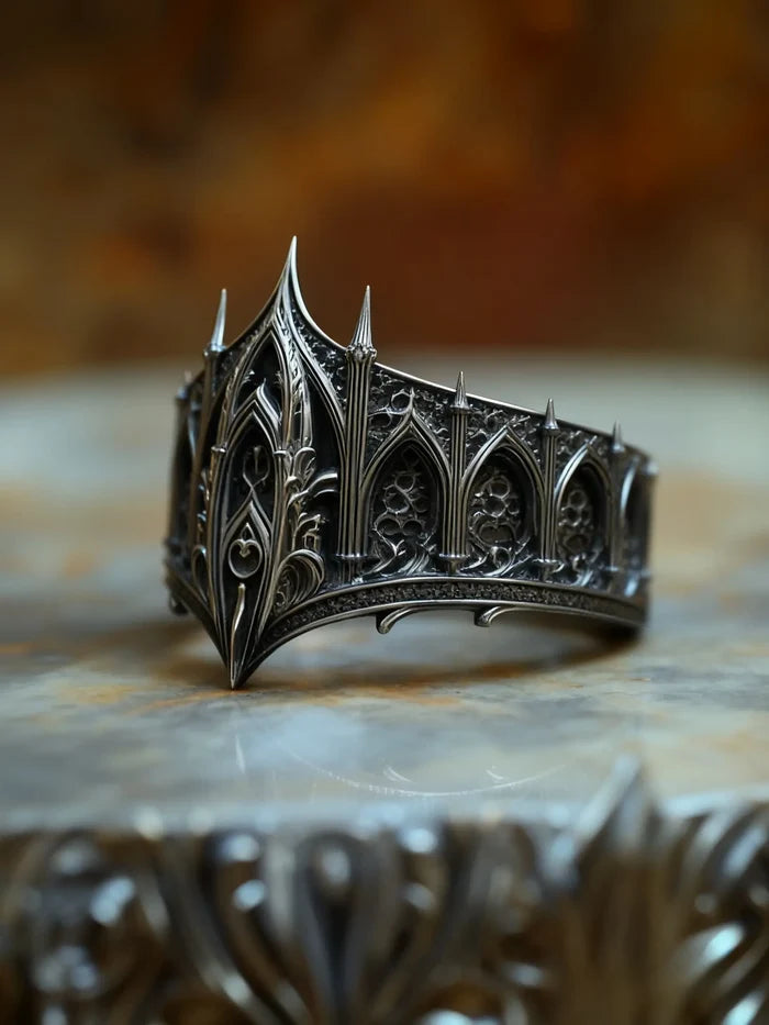 Gothic cathedral spire ring detail — custom engraving available, sizes 4–13, hand-carved 925 silver